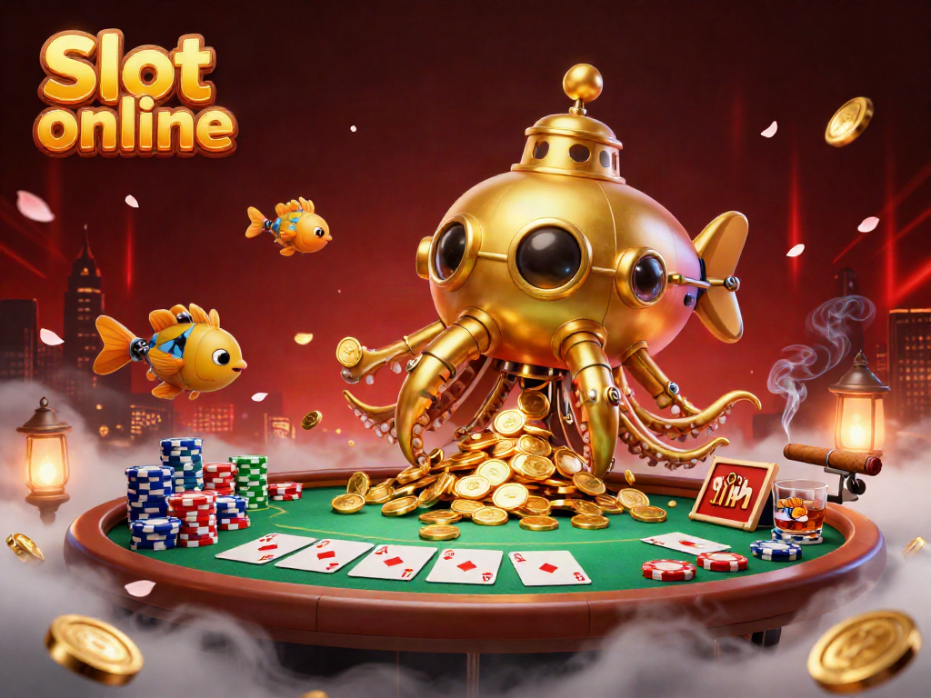 Spin and win with Slot online in this vibrant 3D illustration of a kraken submarine among casino elements.
