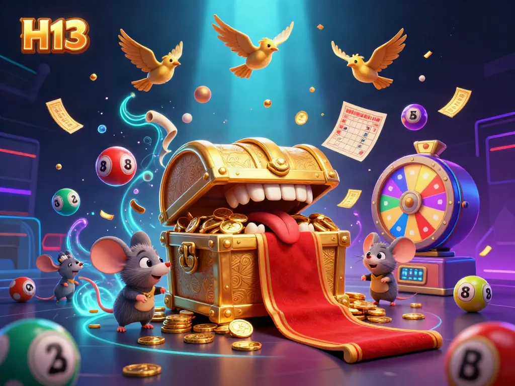 Engage with the H13 treasure chest, a dynamic casino illustration teeming with lottery elements.