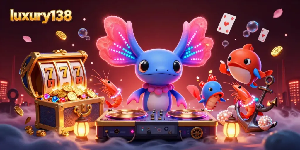 Experience luxury138's vibrant gaming scene with slot reels and animated characters celebrating under the sea.