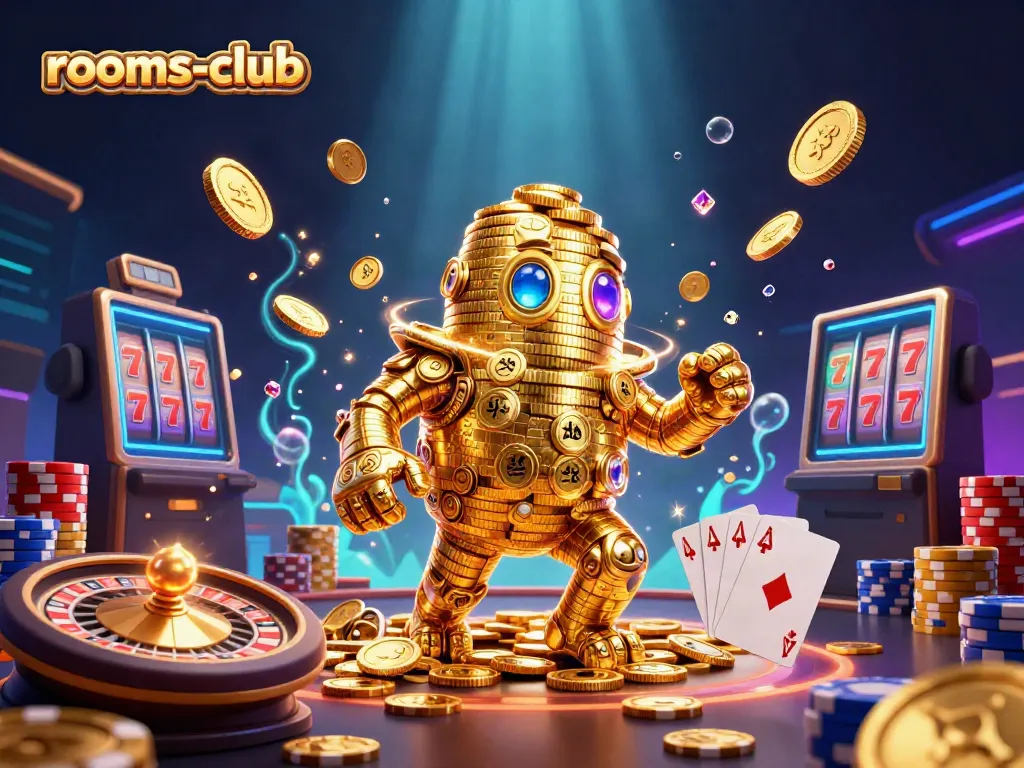 Bermain judi di rooms-club dengan jackpot besar dan simbol keberuntungan dalam ilustrasi kasino yang menakjubkan.