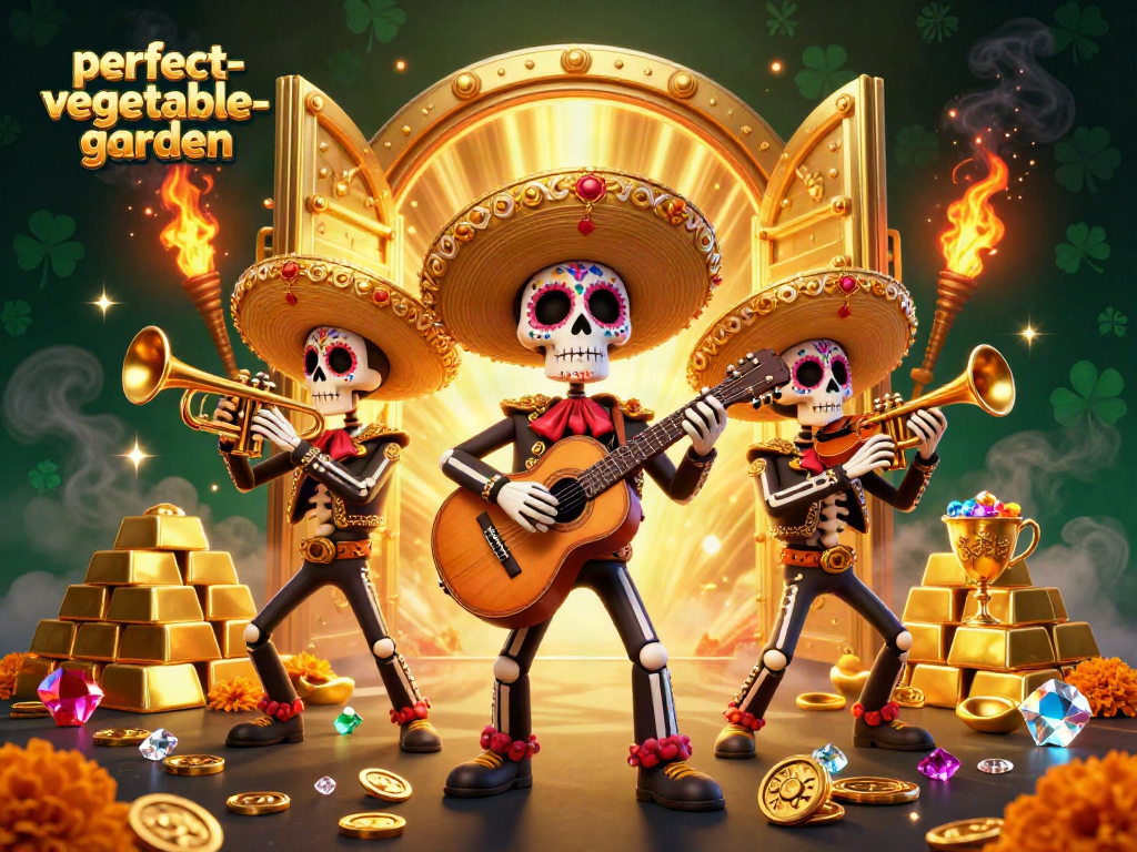 Experience the perfect-vegetable-garden with a vibrant casino scene featuring a mariachi band amidst treasures.