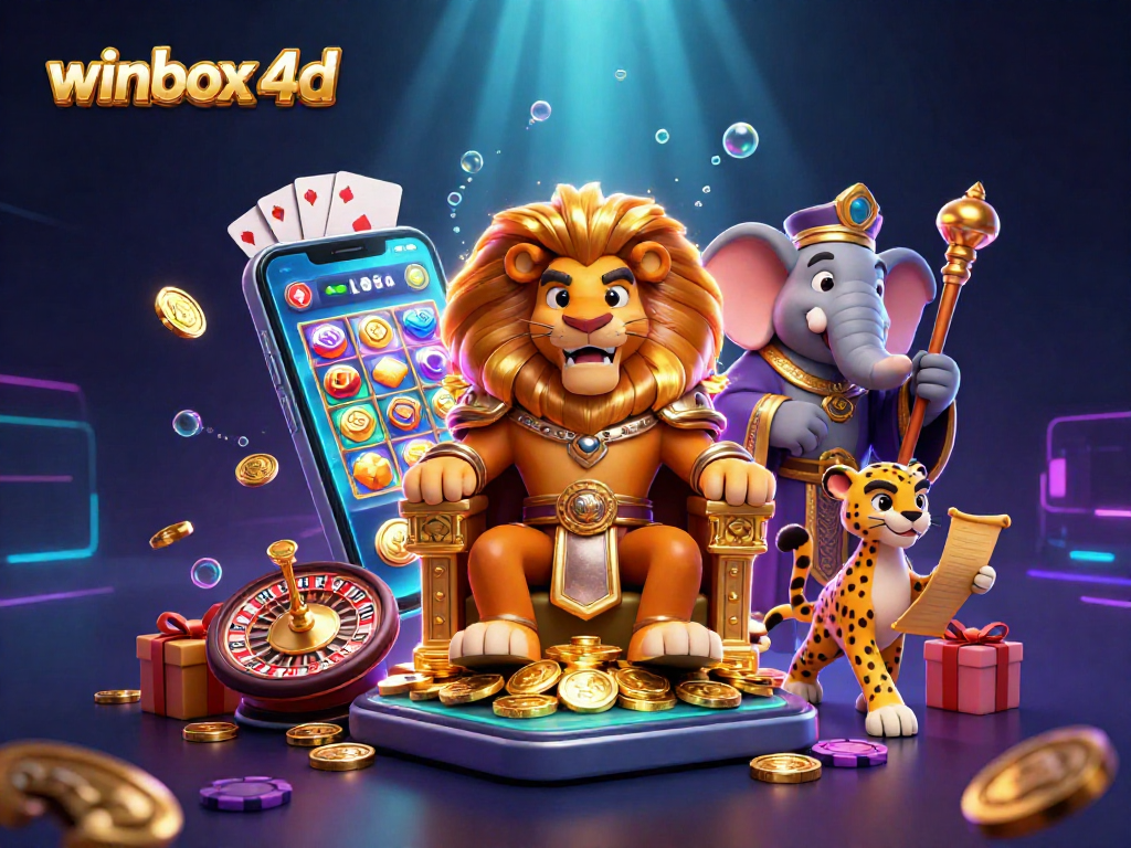 Experience winbox 4d with a dynamic casino scene full of vibrant slot games and charismatic characters.