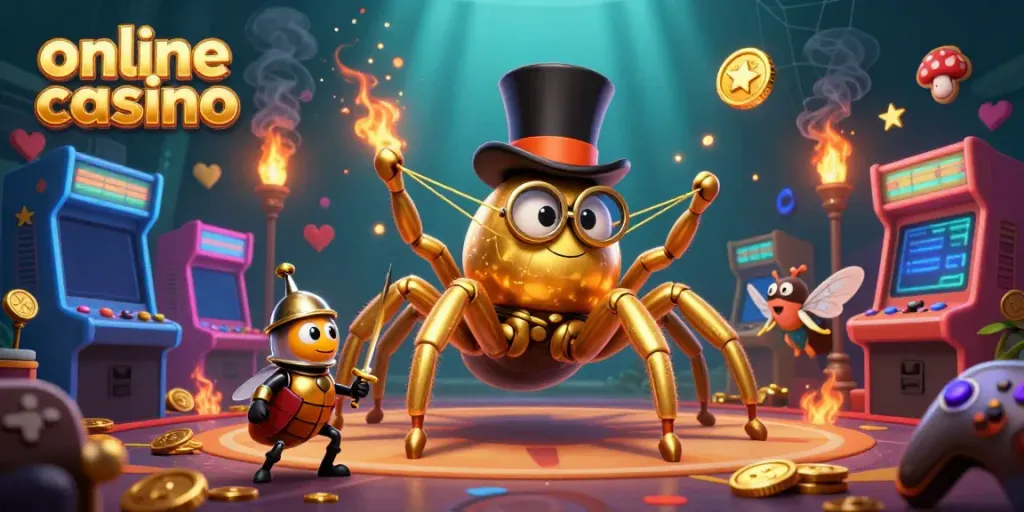 Experience the excitement of an online casino with this vibrant illustration of a golden tarantula and beetle knight.
