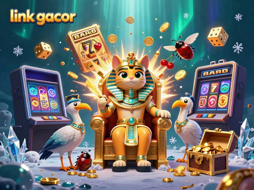 Experience excitement with link gacor as jackpot symbols and dice fly in a vibrant casino scene.