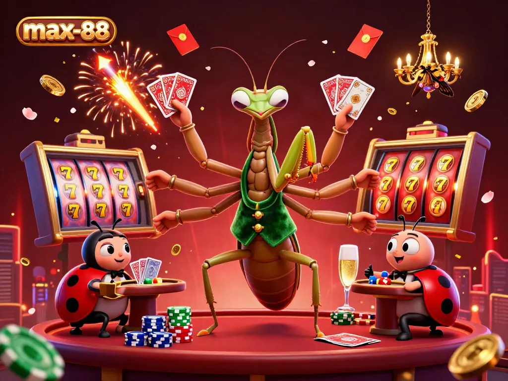 Experience the excitement of max-88 with vibrant slot and poker elements in a dynamic casino scene.
