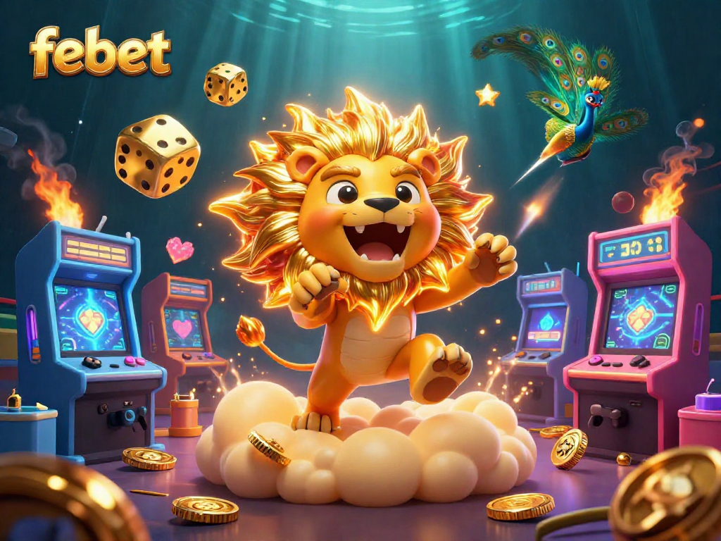 Experience thrilling gameplay with febet's dynamic casino elements, glowing machines, and vibrant characters.