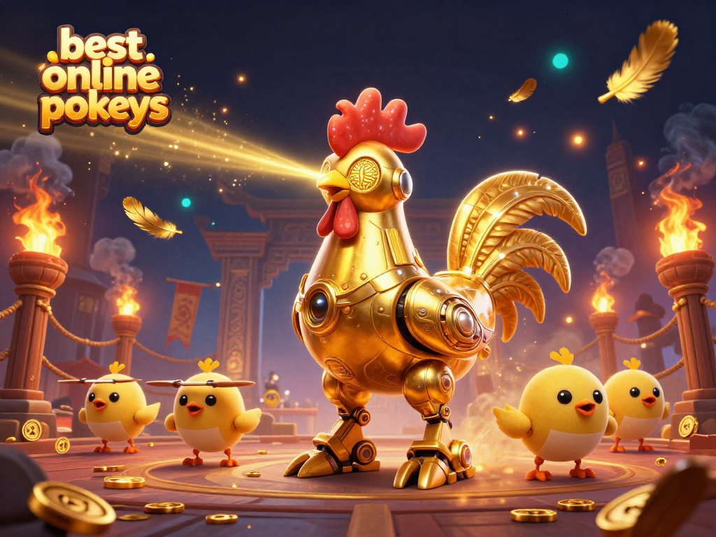 Engage with the best online pokies in a vivid 3D scene featuring a golden rooster robot and chick drones.