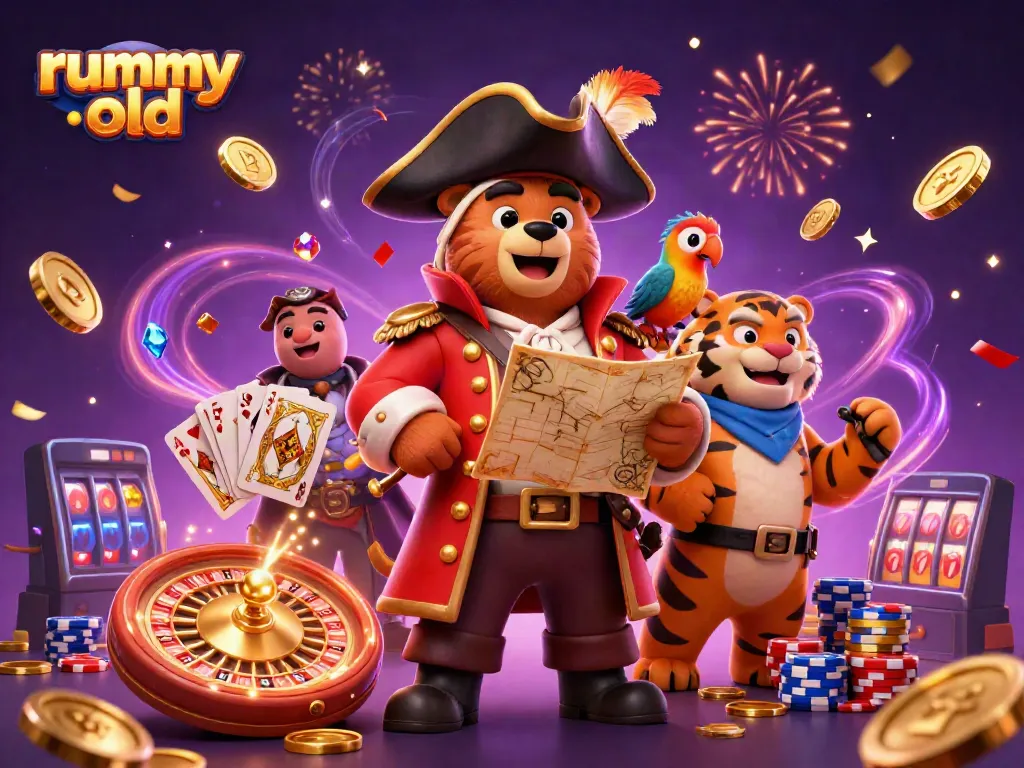 Experience the excitement of rummy old through a vibrant illustration with pirate characters and casino elements.