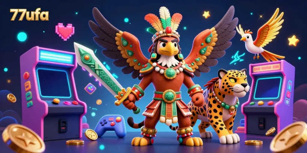 Experience the vibrant action of 77ufa with dynamic Aztec warriors and casino game elements.