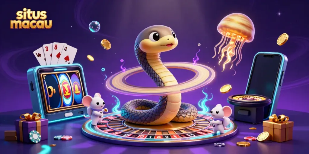 Gambaran perjudian futuristik di situs macau dengan ular cincin Saturnus sebagai roda roulette dan astronaut tikus bertaruh.