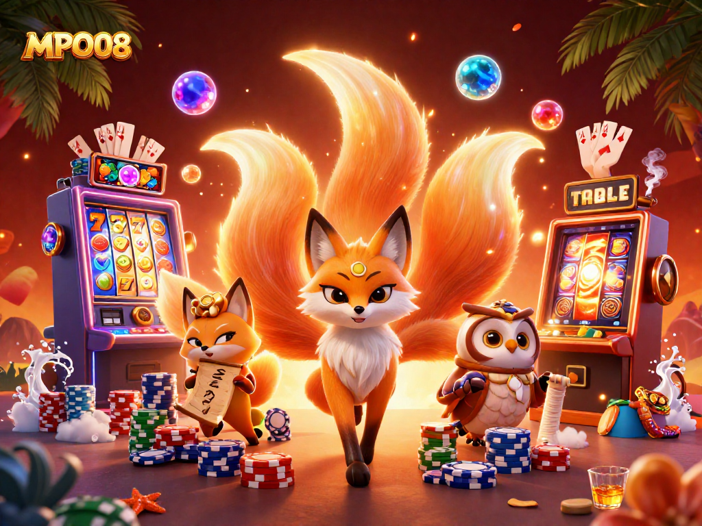 MPO08 showcases a vibrant online gaming scene with a colorful nine-tailed fox and an owl at a slot machine.