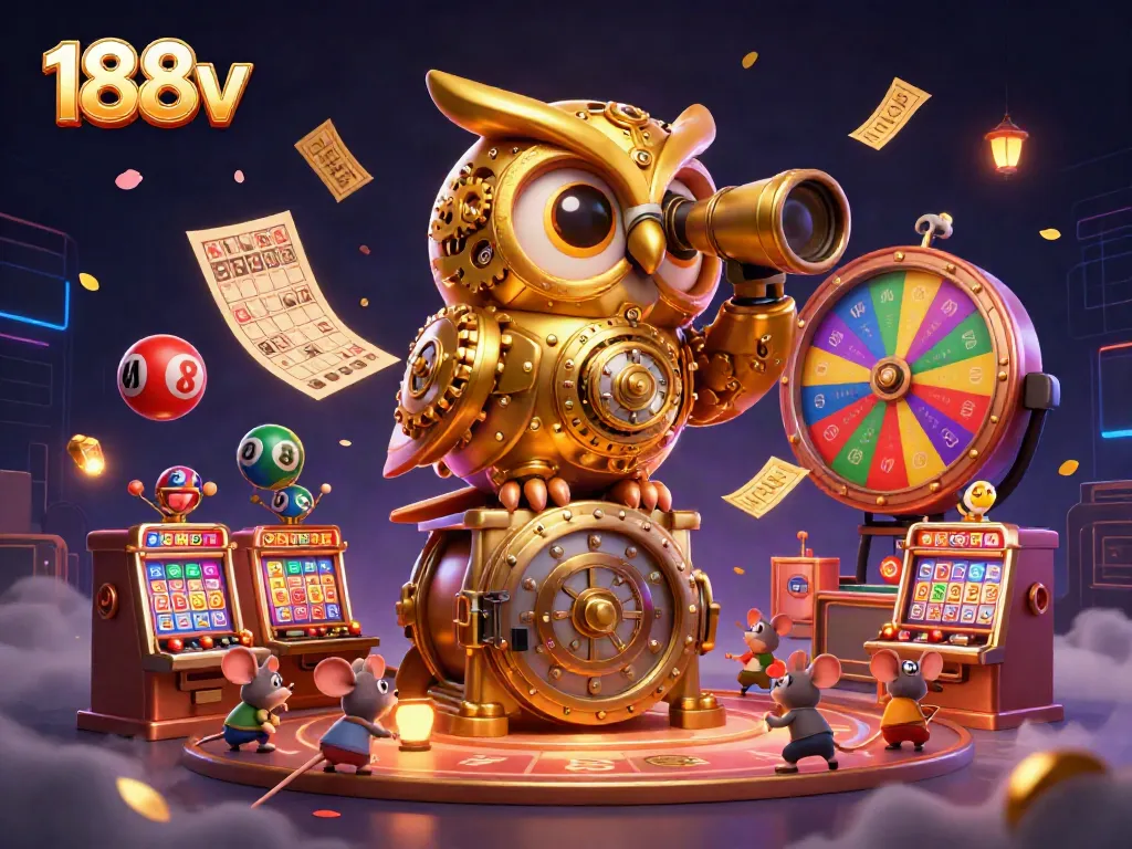 Engage in 188v's vibrant casino world with a magical owl and lively lottery elements.