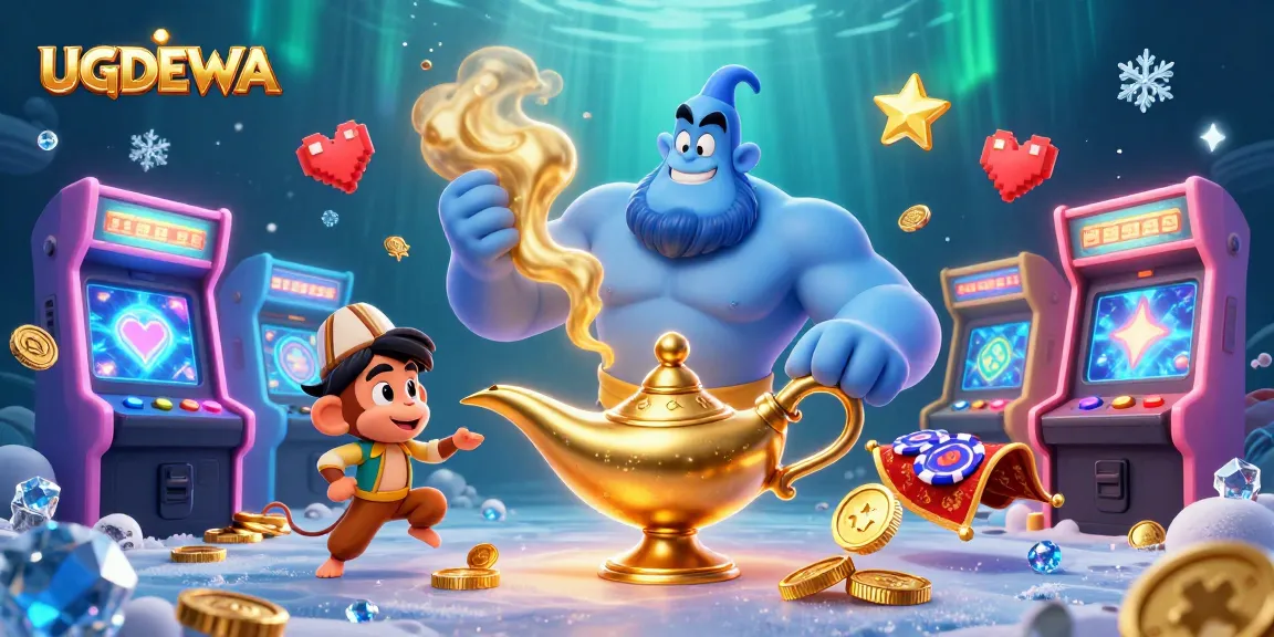 Experience the thrilling world of UGDEWA with an enchanting 3D scene featuring a genie, poker chips, and casino games.