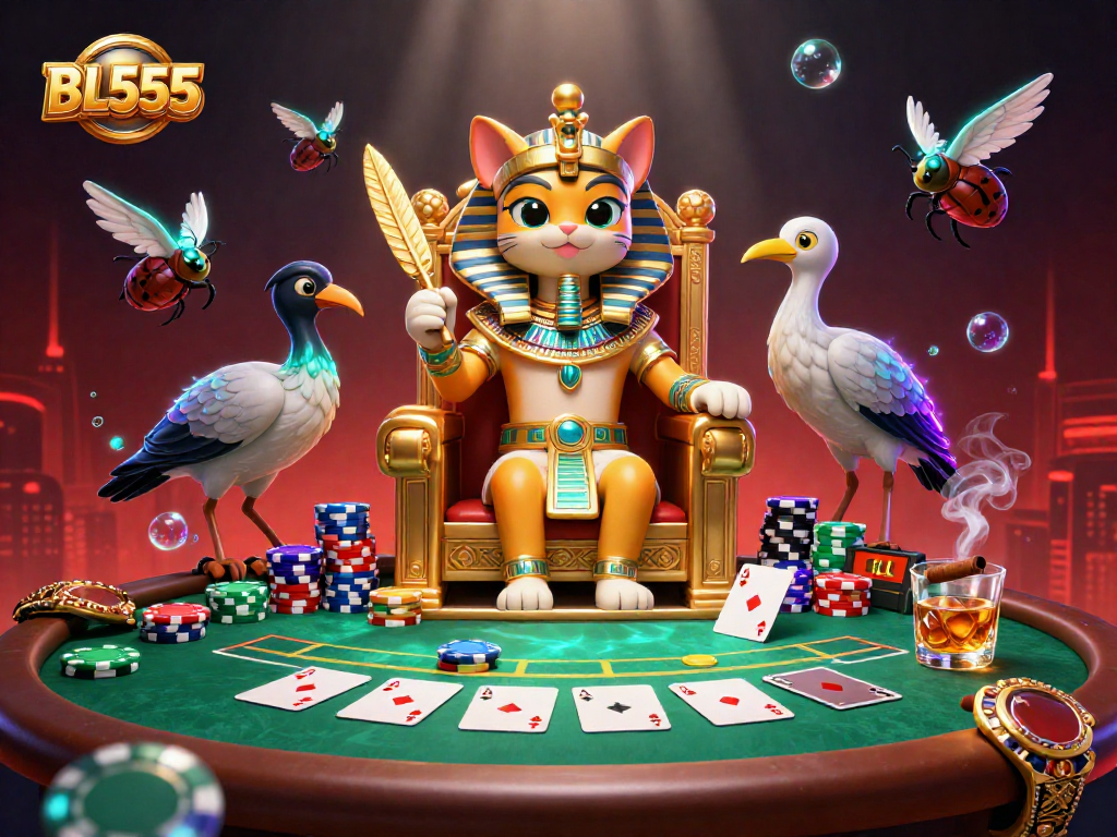 Experience BL555 with an engaging illustration featuring a pharaoh cat amidst vibrant poker elements.