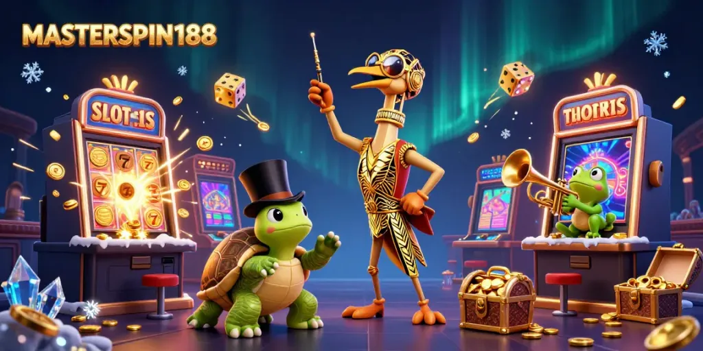 Experience the thrill of winning with MASTERSPIN188 at a vibrant speakeasy casino, featuring lively characters and exciting slot action.