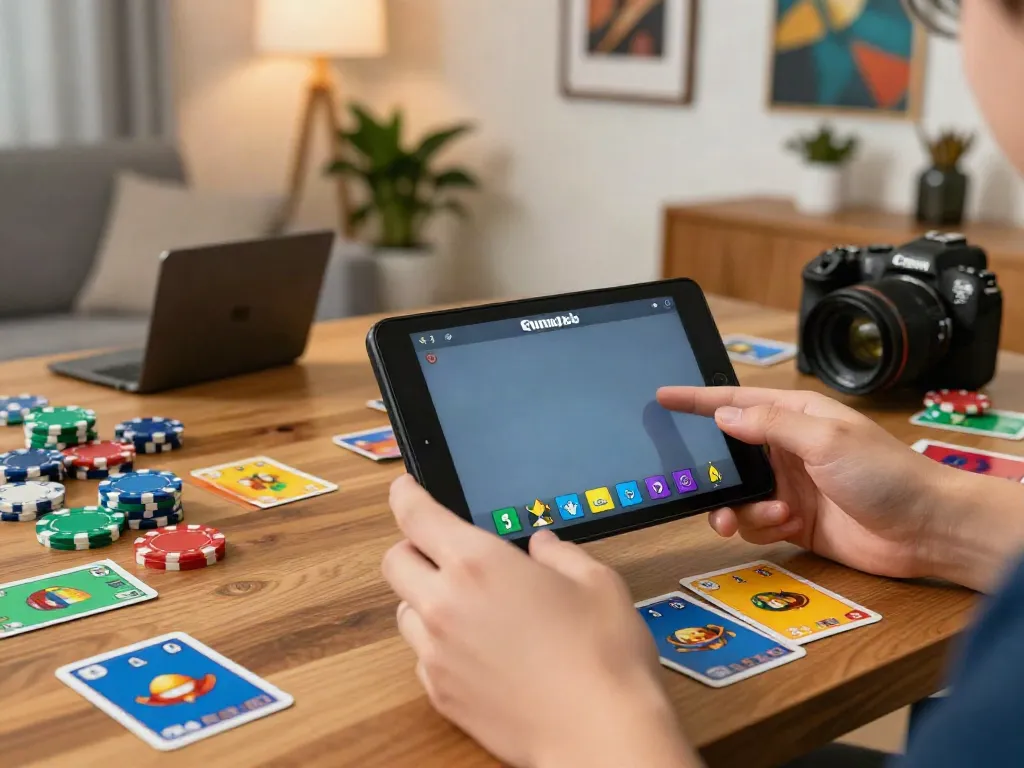 Engaging scene of a player enjoying Rumble Rummy app on smartphone with cards and chips