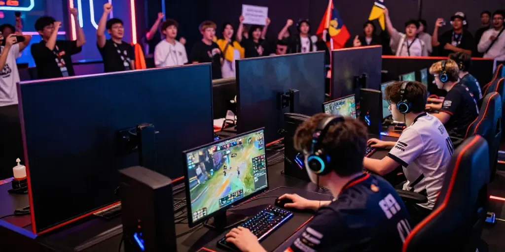 Intense loket88 esports match in a vibrant arena with players and fans