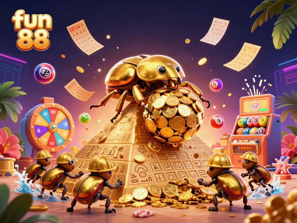 Experience the fun 88 excitement with vibrant casino elements and a dynamic scene of playful beetles.