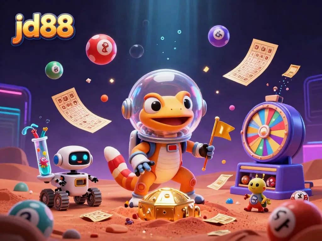 Spin to win at jd88's Martian casino adventure with gecko and alien cheerleaders!