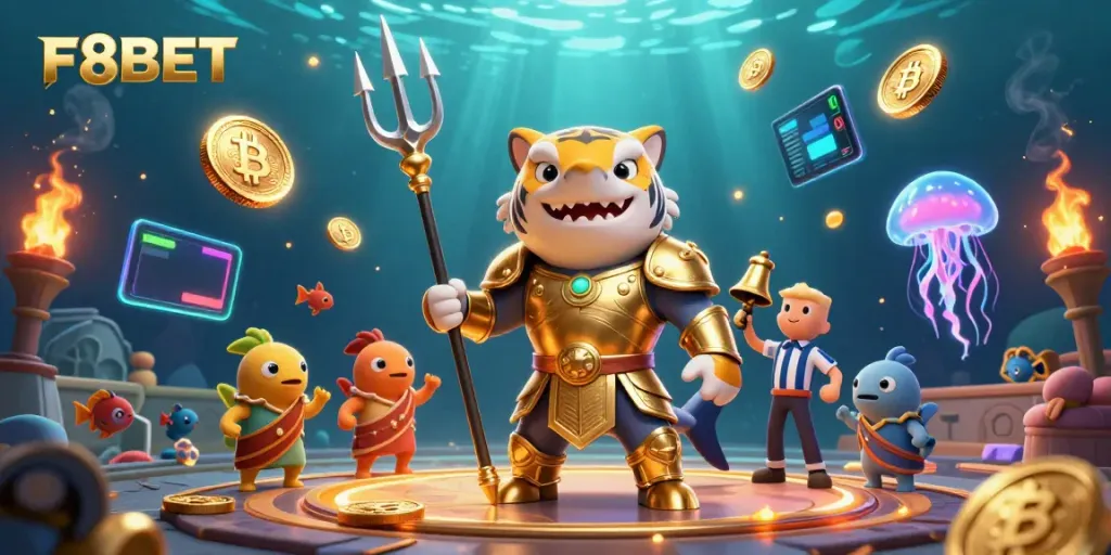 Experience the excitement of gaming with F8BET in a vibrant underwater casino scene full of crypto elements.