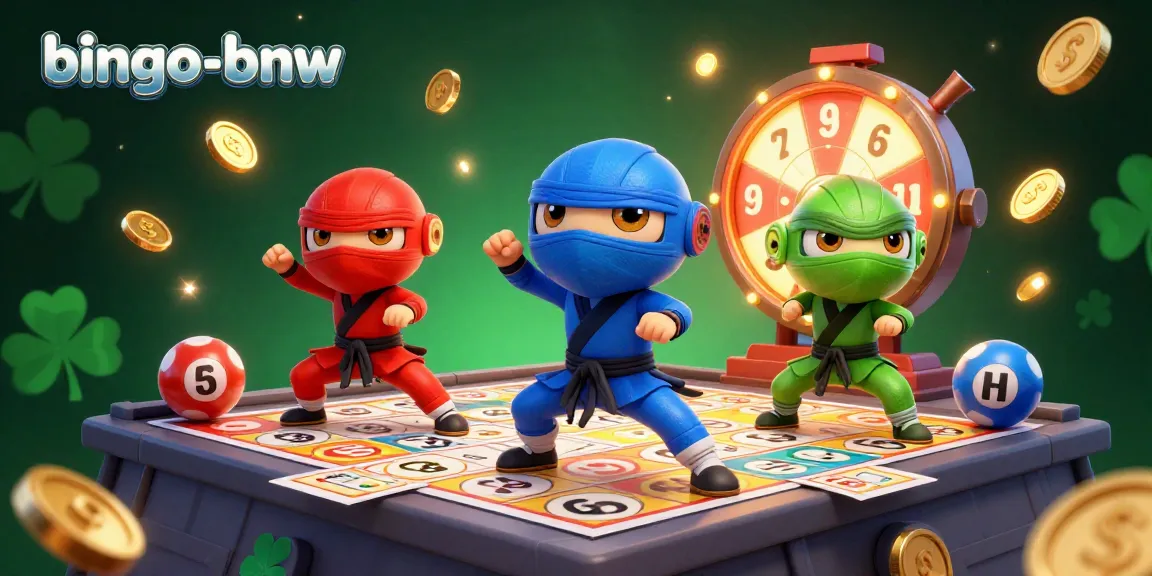 Bingo-bnw scene depicting vibrant bingo balls and cards with ninja chameleons showcasing dynamic poses.