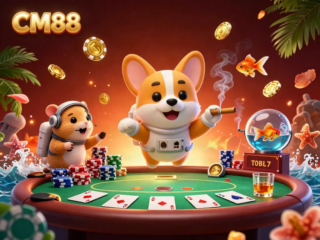 Engage with CM88's thrilling gaming scene featuring a floating corgi, vivid poker action, and immersive space ambiance.