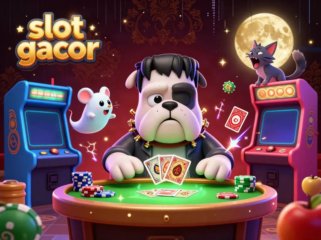 Experience thrilling slot gacor action with a cartoon bulldog dealer surrounded by colorful gaming elements.