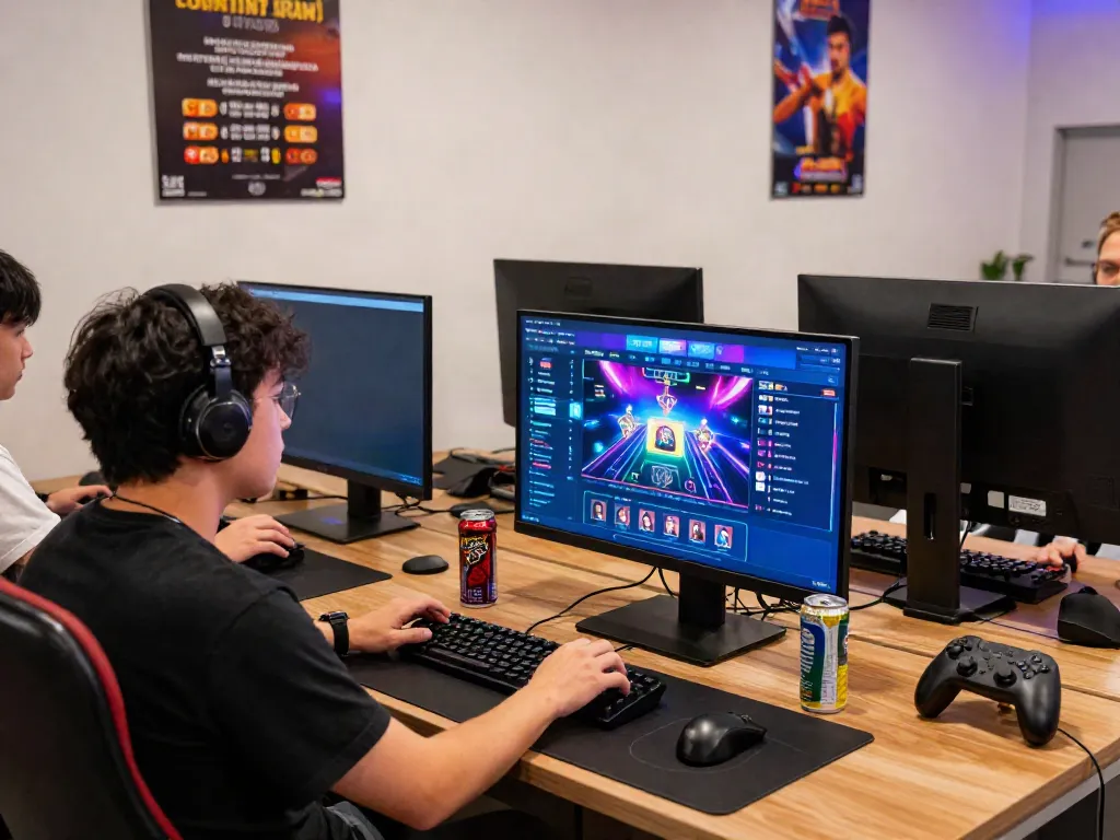 Engaged gamer in a modern gaming setup with akunjp gaming interface illuminated by colorful LED lights.