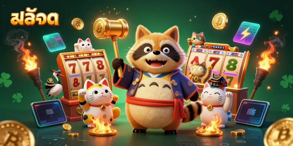 Experience exciting สล็อต gameplay with a cheerful tanuki and colorful fortune cats in a dynamic casino scene.