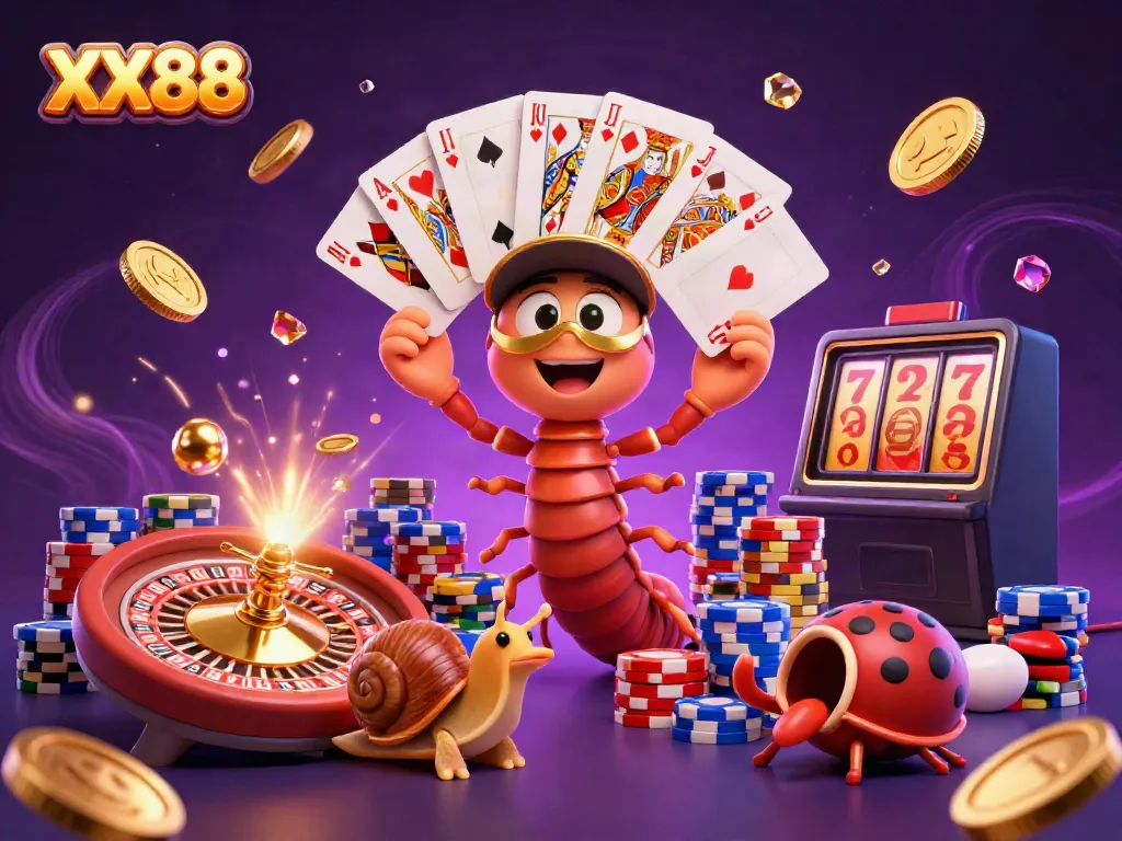Experience the excitement of XX88 with a dynamic cartoon scene featuring a millipede dealer and high-roller characters.