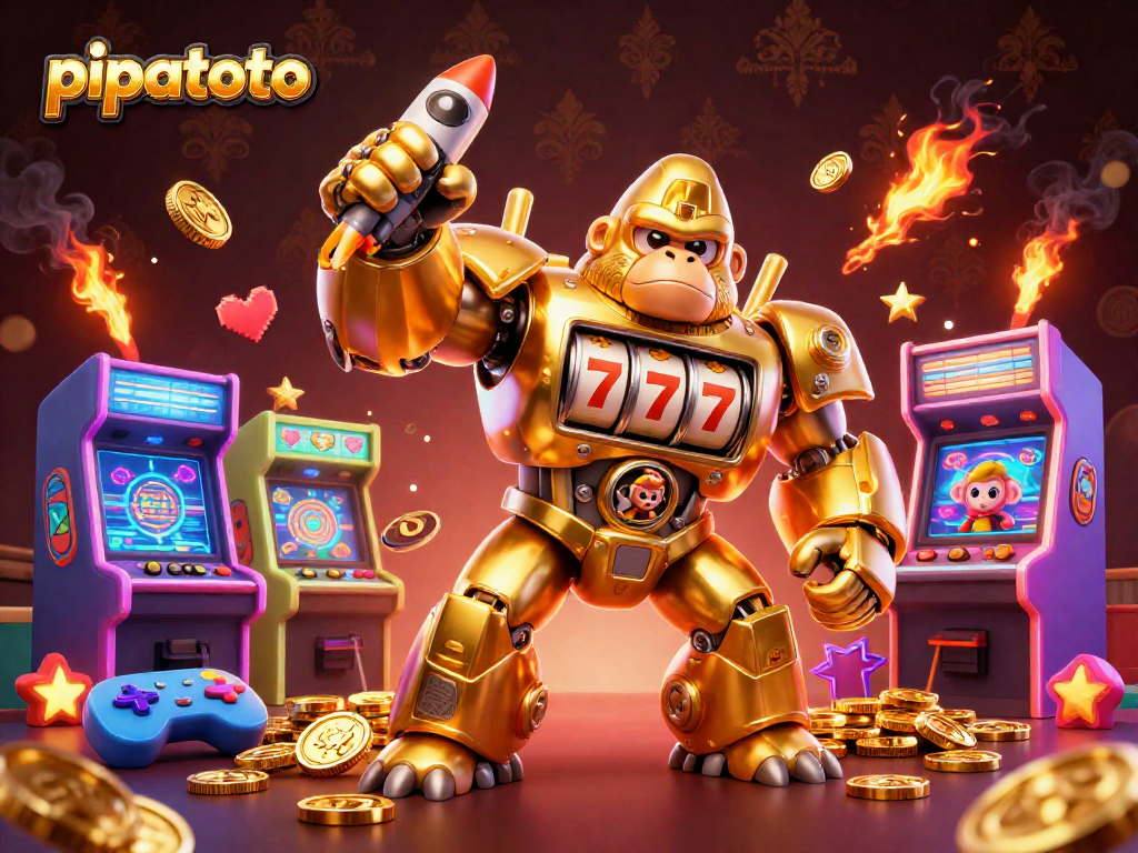 Engage with pipatoto in a vibrant casino scene featuring a golden gorilla mech amidst dynamic game elements.
