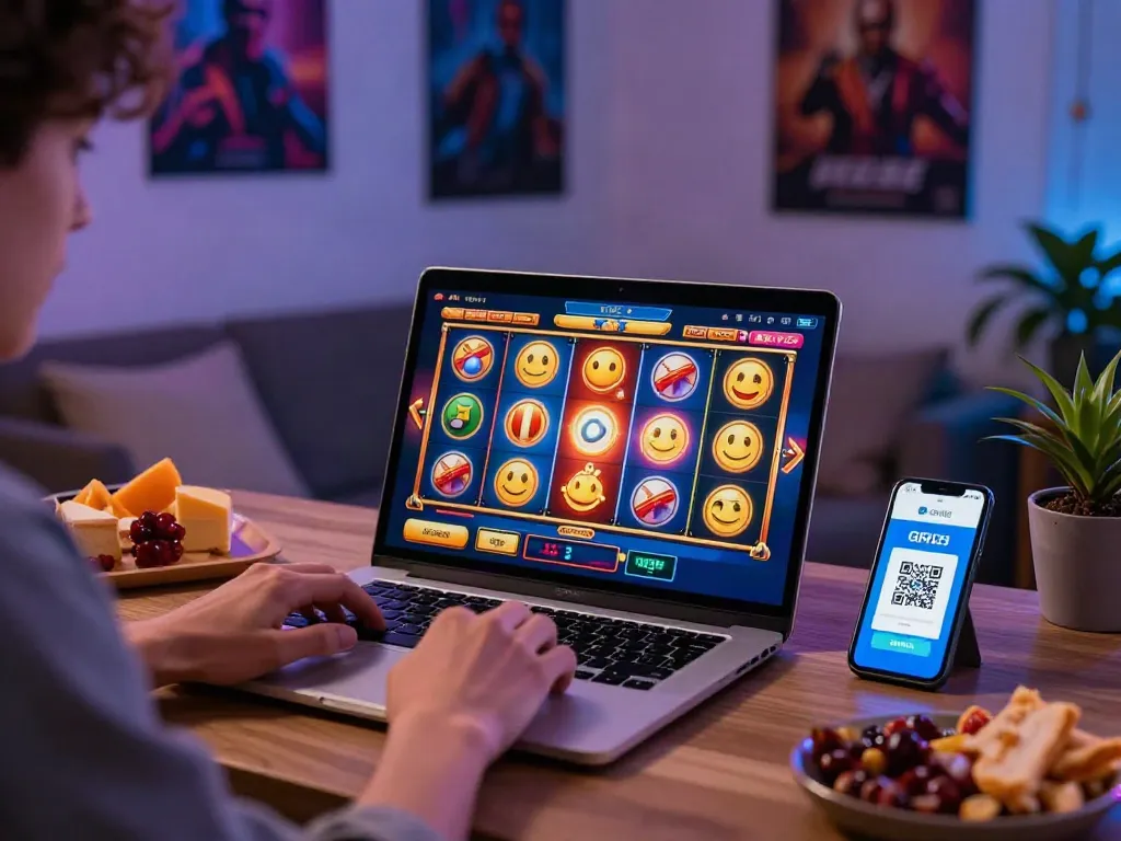 Player engaging with a vibrant slot game online, showcasing excitement and QRIS deposit options.
