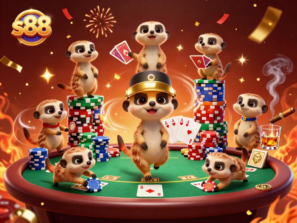 S88 casino scene with meerkats orchestrating a dynamic gambling operation amidst poker elements and vibrant confetti.