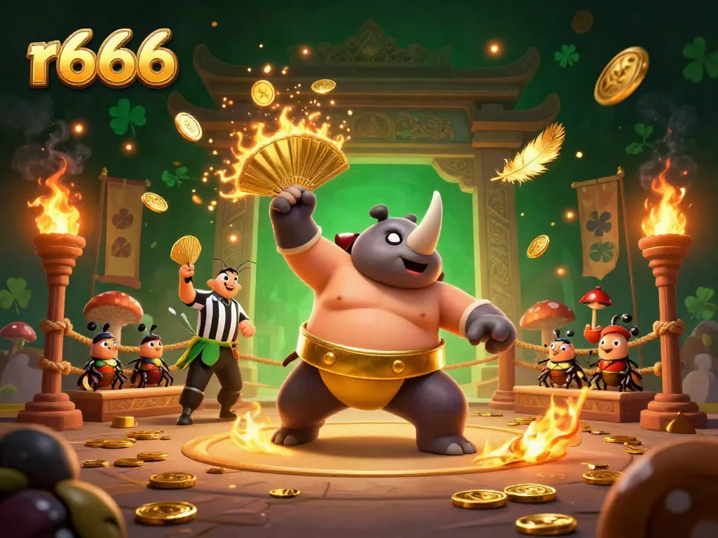 Experience excitement with r666 as a cartoon rhinoceros beetle champion stomps golden coins in a dynamic casino scene.