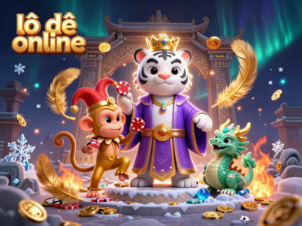 Experience the thrill of lô đề online with a majestic tiger, playful monkey, and living jade dragon amidst a vibrant casino atmosphere.