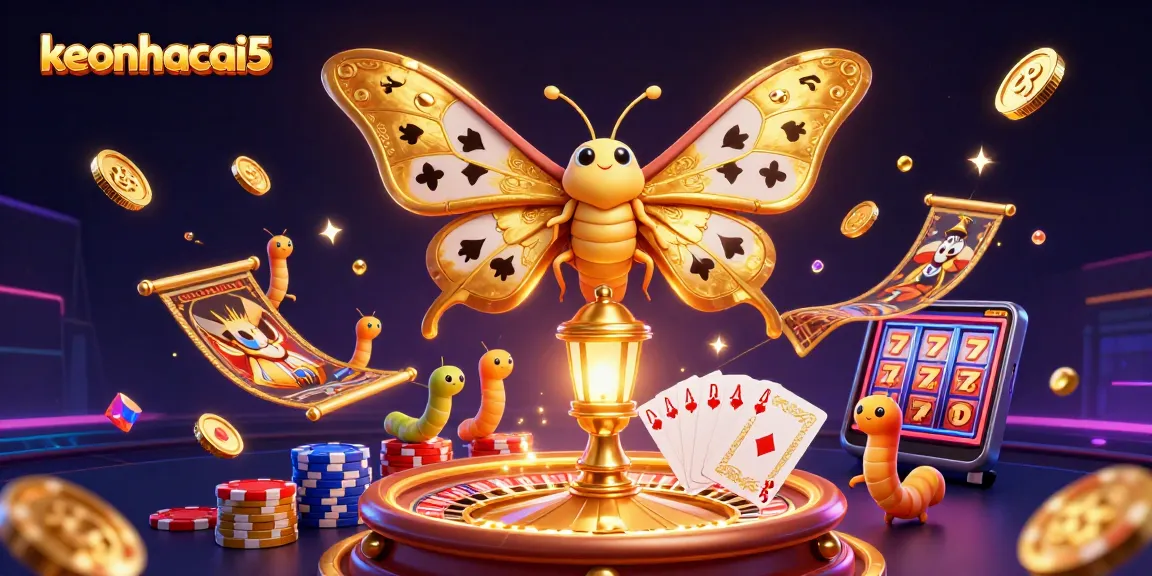 Spin to win with keonhacai5 in a vibrant casino illustration featuring iconic gaming elements.