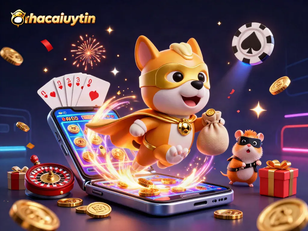 nhacaiuytin-inspired casino illustration featuring a superhero dog with gold coins and slot game elements