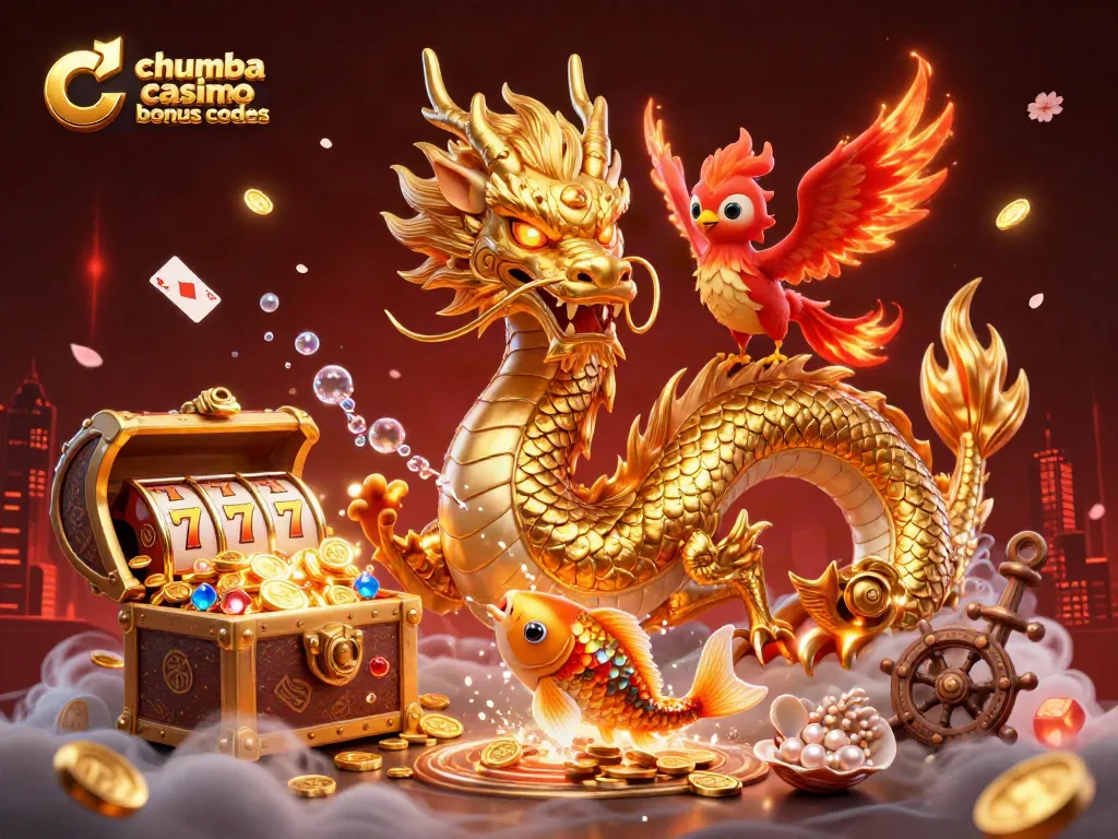 Spin big with chumba casino bonus codes illustrated by a fiery dragon, phoenix, and koi fish!