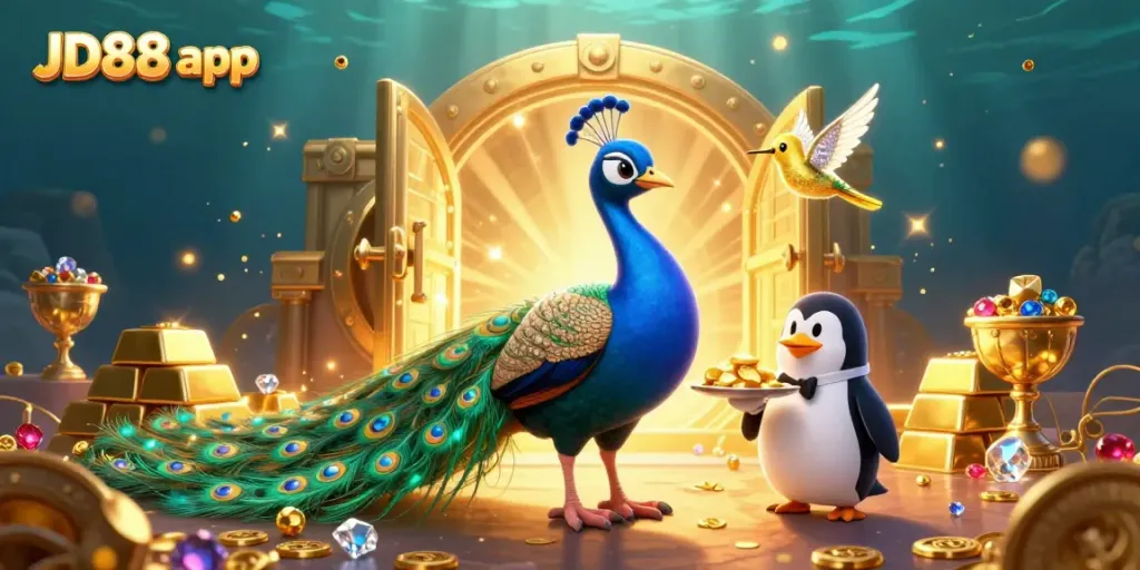 Experience the JD88 app with vibrant casino elements and dynamic characters in a rich 3D scene.