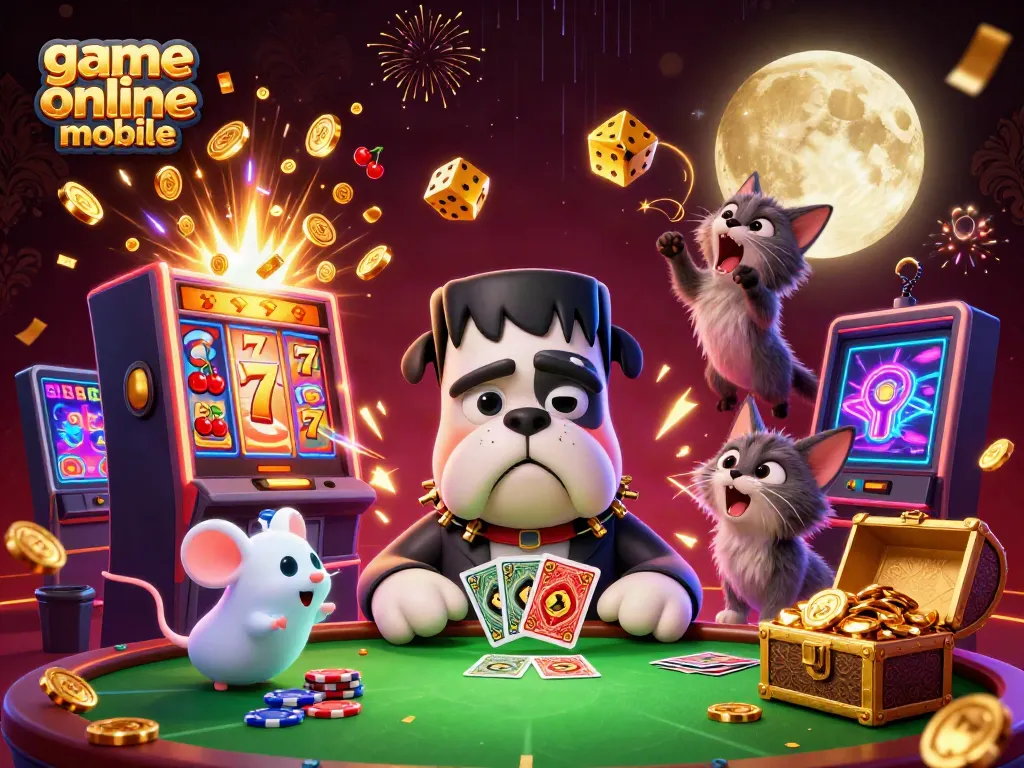 Gambar permainan mobile online menampilkan Frankenstein bulldog dan karakter kasino.
