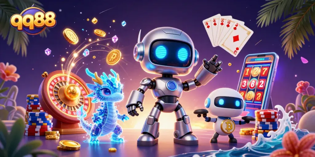 Experience qq88 gaming excitement with vibrant characters and dazzling casino elements in an immersive 3D illustration.