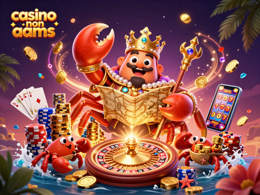 Giocando su casino non AAMS, il granchio imperatore circondato da tesori tropicali e simboli del gioco.