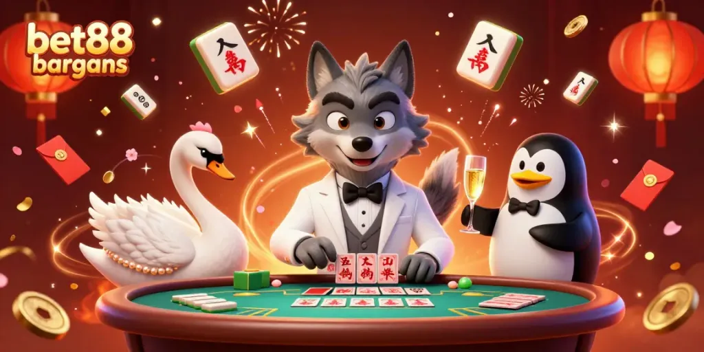 Engage in thrilling baccarat action at bet88 bargains featuring a debonair wolf, elegant swan, and sophisticated penguin.