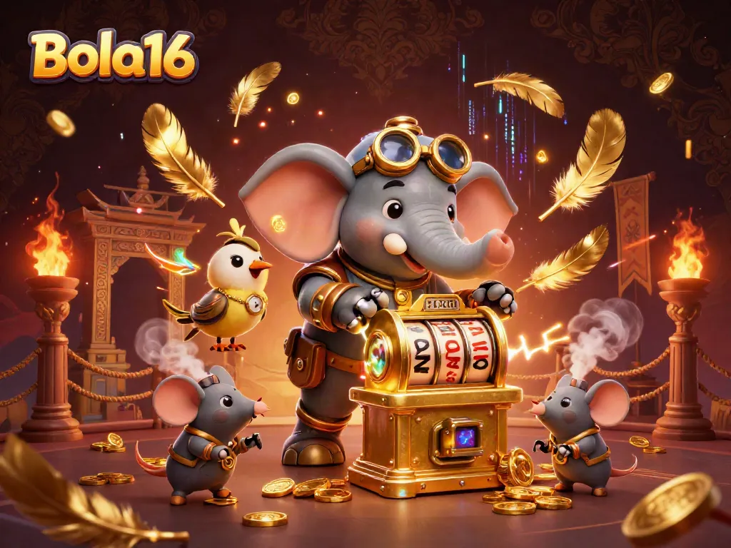 Engage in thrilling slots with Bola16, featuring a dynamic 3D steampunk elephant and golden slot machine.