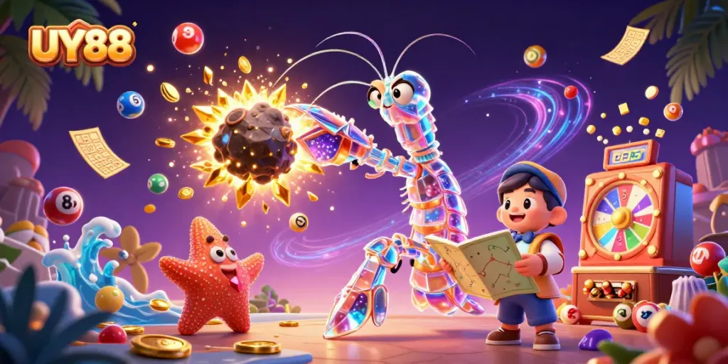 Engage with UY88 through a vibrant scene of a galactic samurai mantis shrimp in action, surrounded by casino elements.
