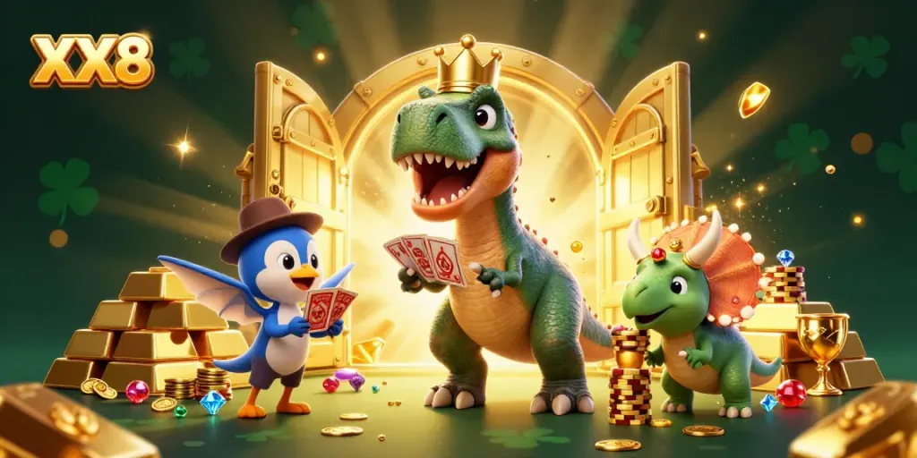 Engage with the lively XX8 casino scene featuring a T-Rex and friends in a gambling adventure.