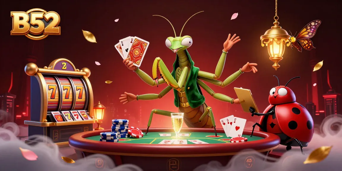 Experience the thrill of B52 jeux casino with an energetic scene filled with colorful slot reels and charismatic characters.