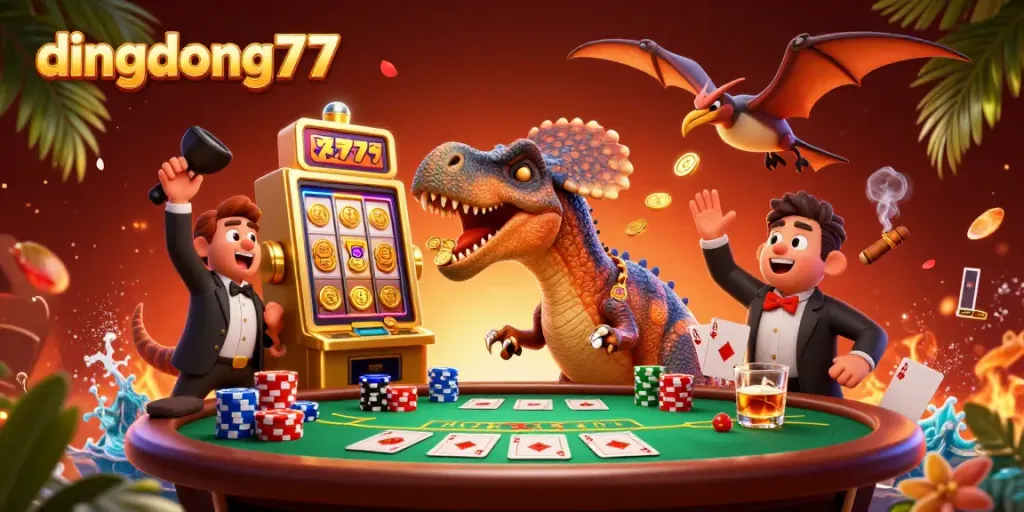 Dingdong77 features a cartoon pachycephalosaurus activating a golden slot machine with casino action all around.