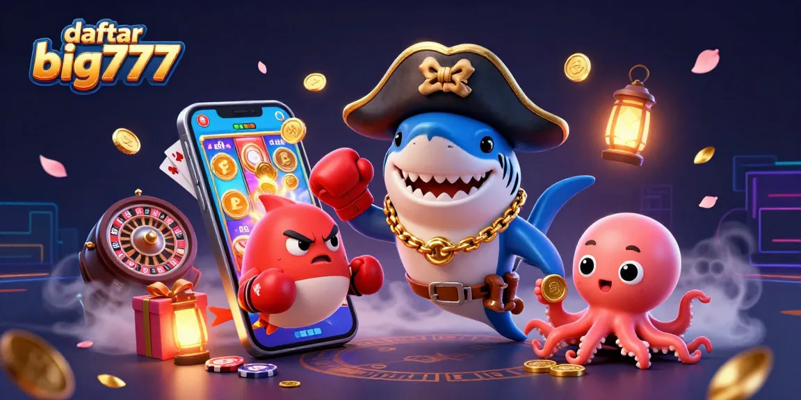 Engage in the excitement of daftar big777 with a vibrant 3D casino scene featuring a shark, pufferfish, and octopus.