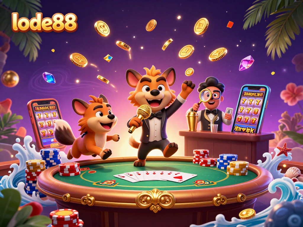 Experience excitement at lode88's cartoon casino featuring a hyena comedy club scene.
